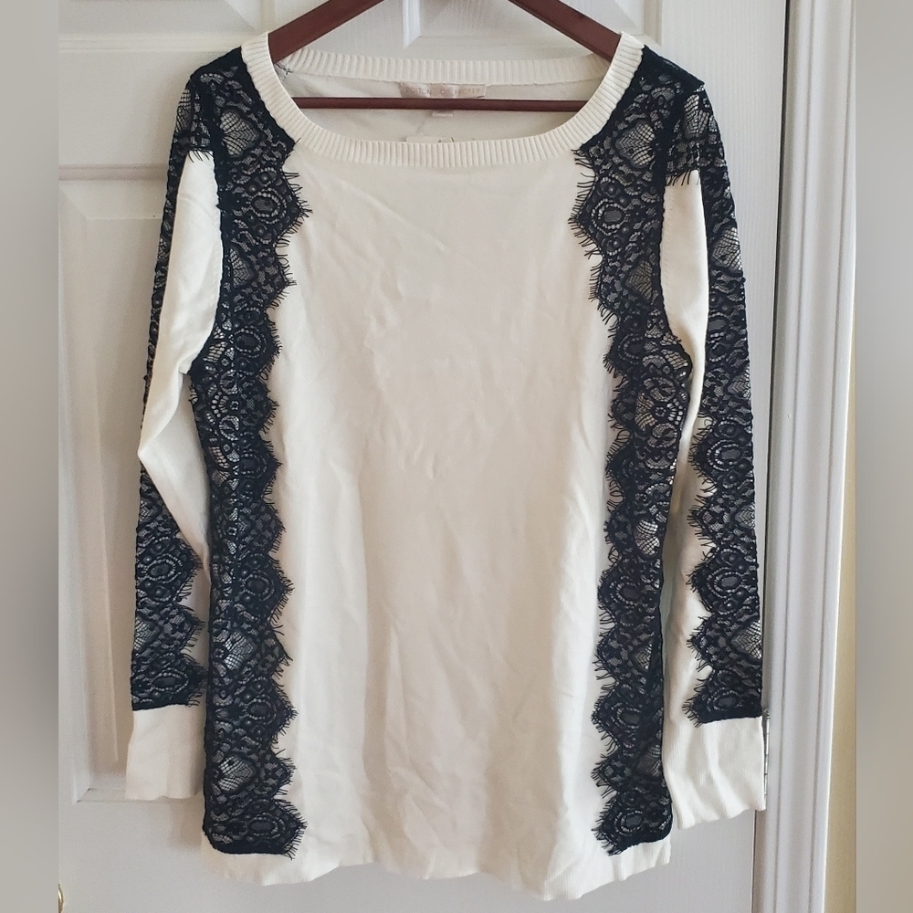 Boston Proper Lace Panel Sweater white/black size XL
